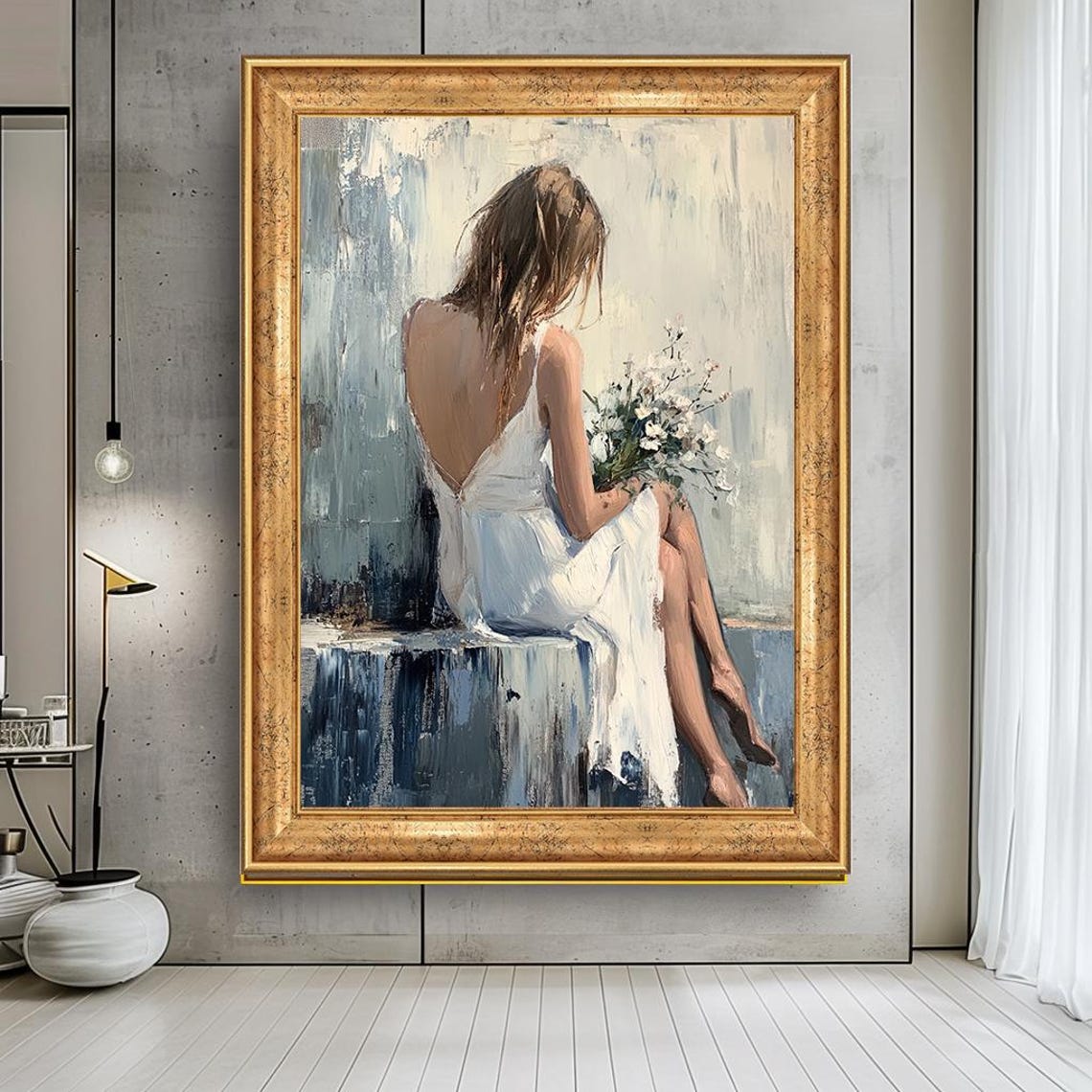 Woman In White Dress Holding Flowers Back View Serene Wall Art