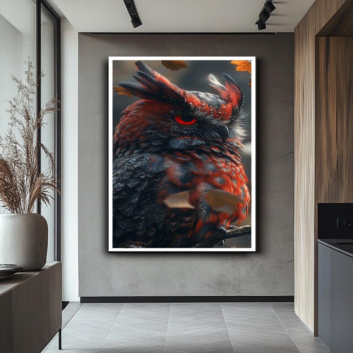 Red And Black Owl Portrait Fierce Glowing Red Eye Wildlife Wall Art - Image 2
