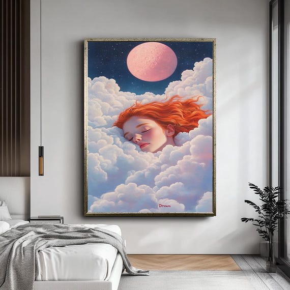 Dreamy Girl In Clouds With Pink Moon Art Surreal Sleep Inspired Wall Decor Whimsical Portrait Soft And Ethereal Art Print