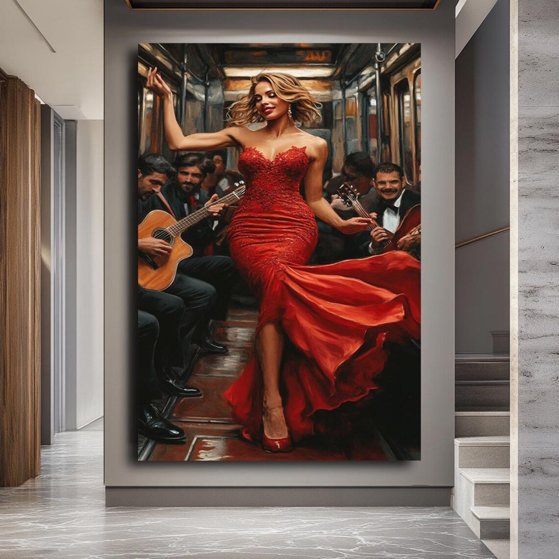 Glamorous Woman Red Dress Subway Musicians Bold Fashion Art Poster - Image 4