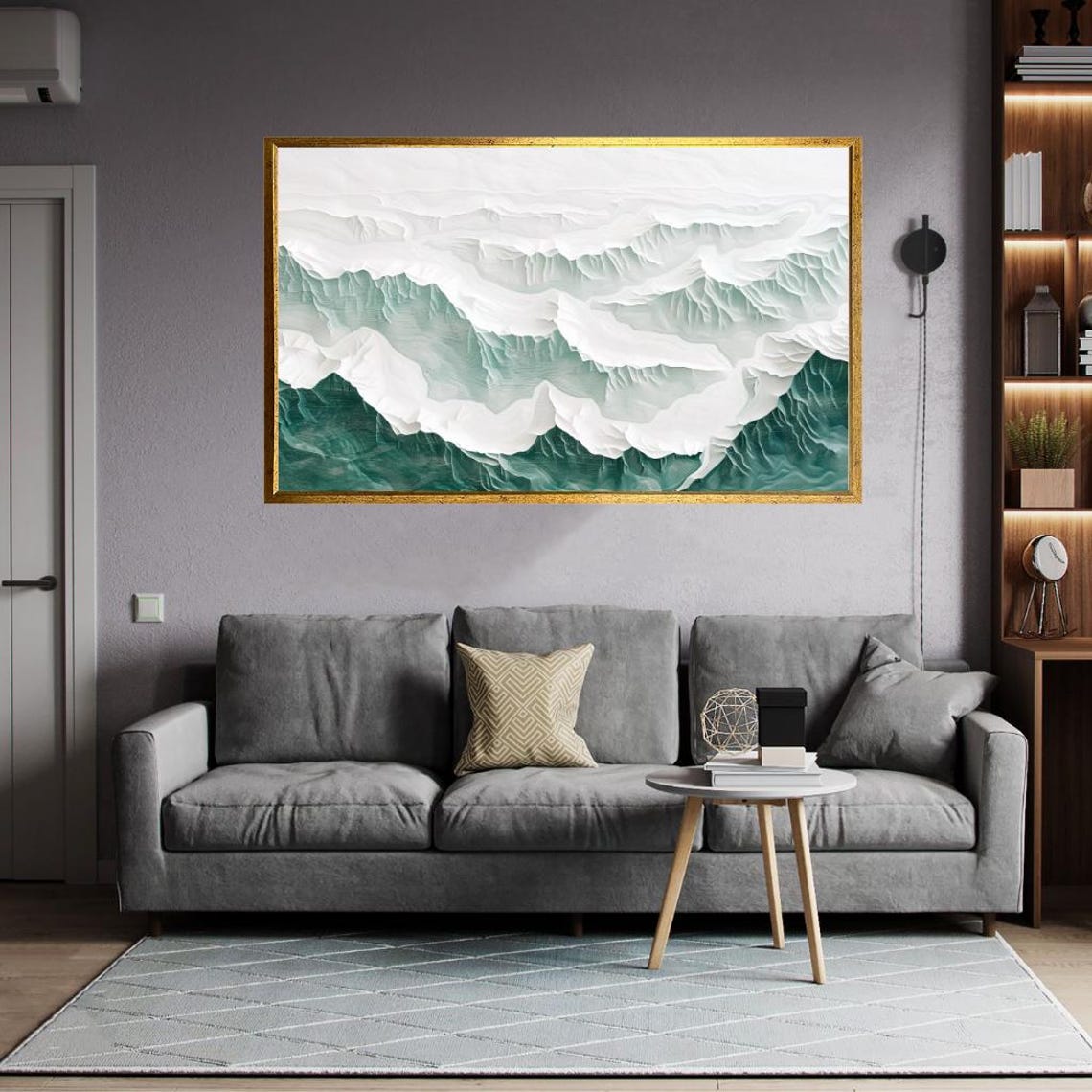 Minimalist Layered Mountain Landscape White Green Textured Art Poster - Image 2