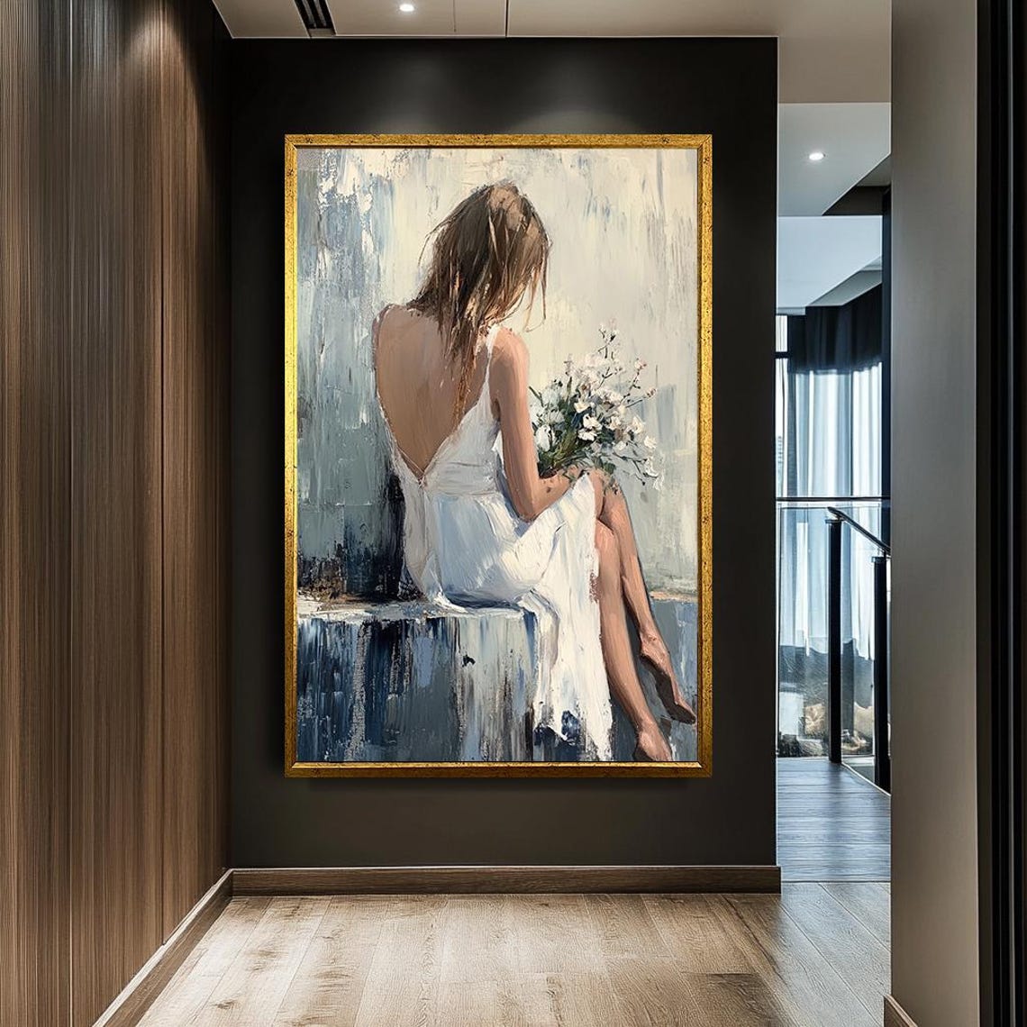 Woman In White Dress Holding Flowers Back View Serene Wall Art - Image 2