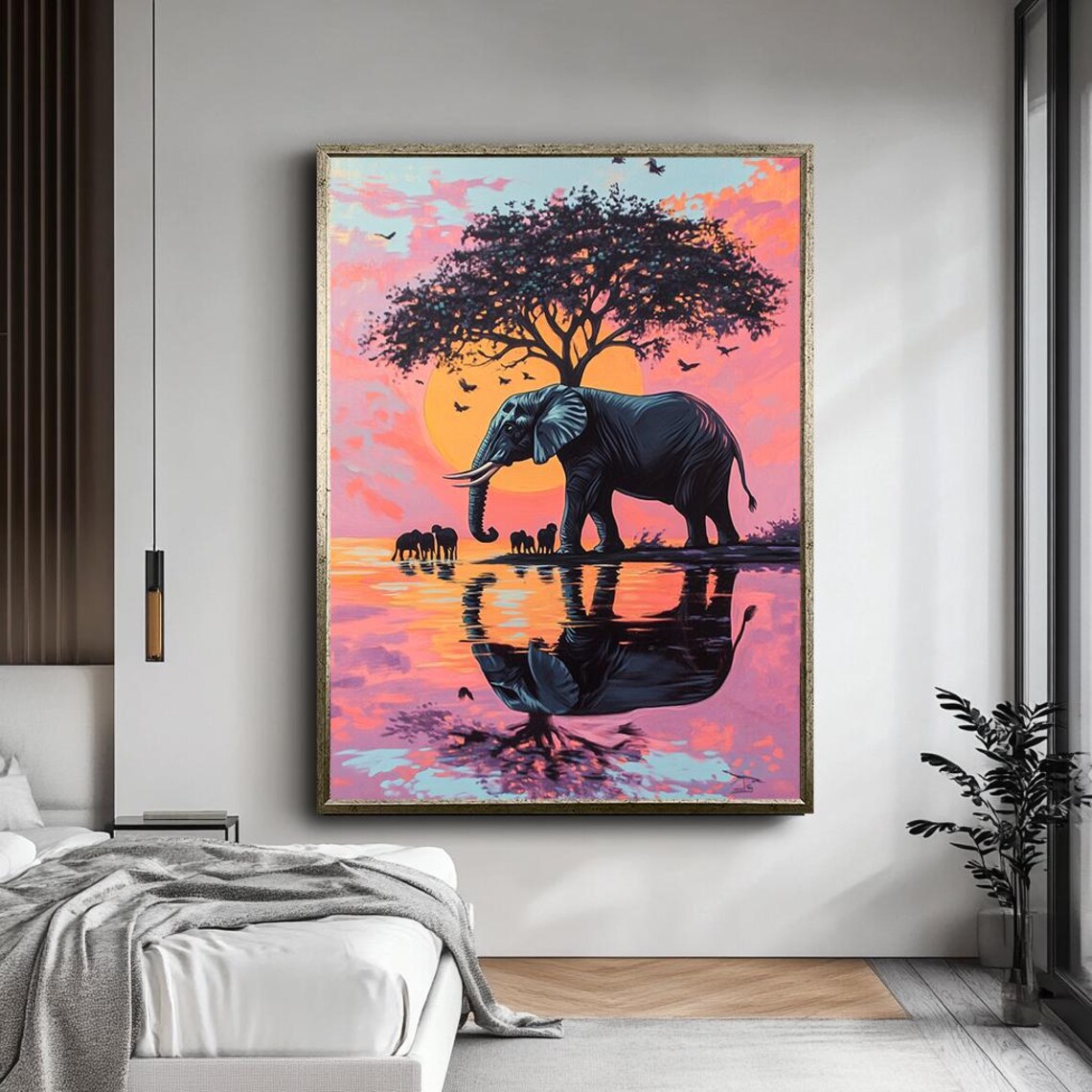 African Elephant Sunset Savanna Acacia Tree Water Reflection Print - Image 5