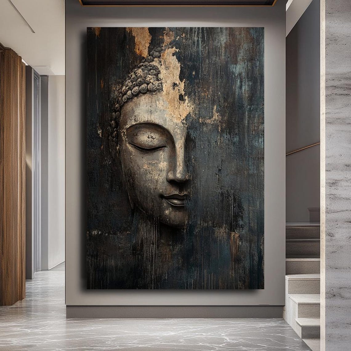 Weathered Ancient Buddha Face Dark Rustic Zen Spiritual Wall Art Print - Image 3