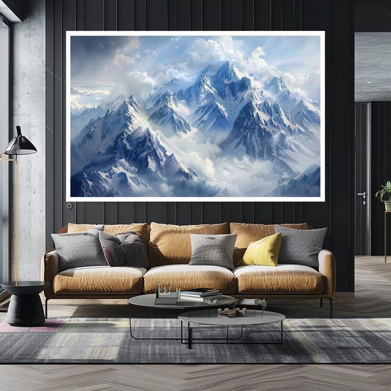 Majestic Mountain Landscape Print Large Blue And White Wall Art Snowy Peaks Nature Decor Serene Bedroom Or Living Room Artwork Gift
