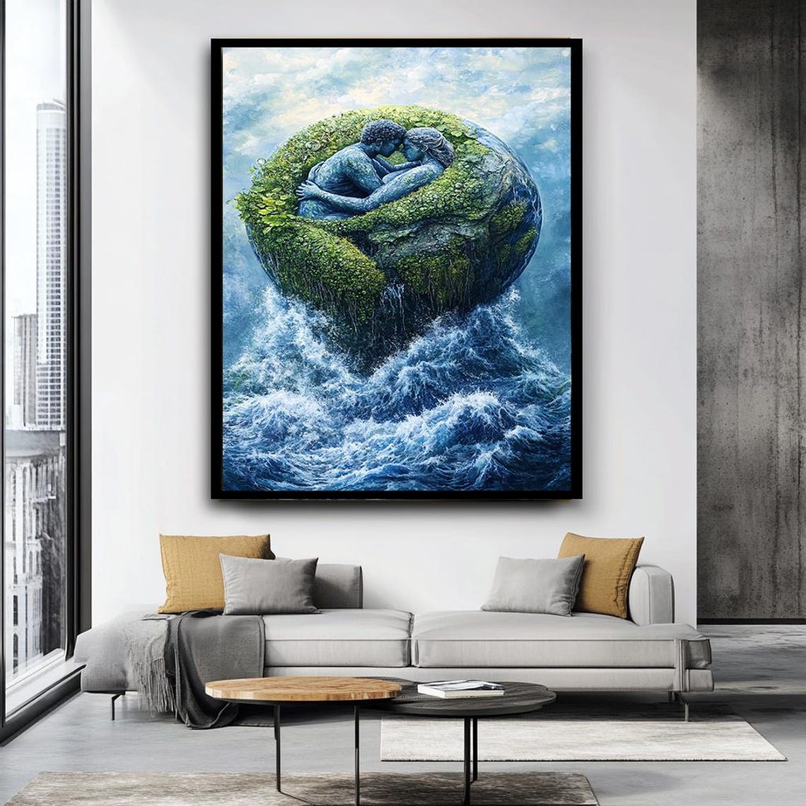 Couple Embracing Floating Earth Island Ocean Waves Romantic Wall Art - Image 4