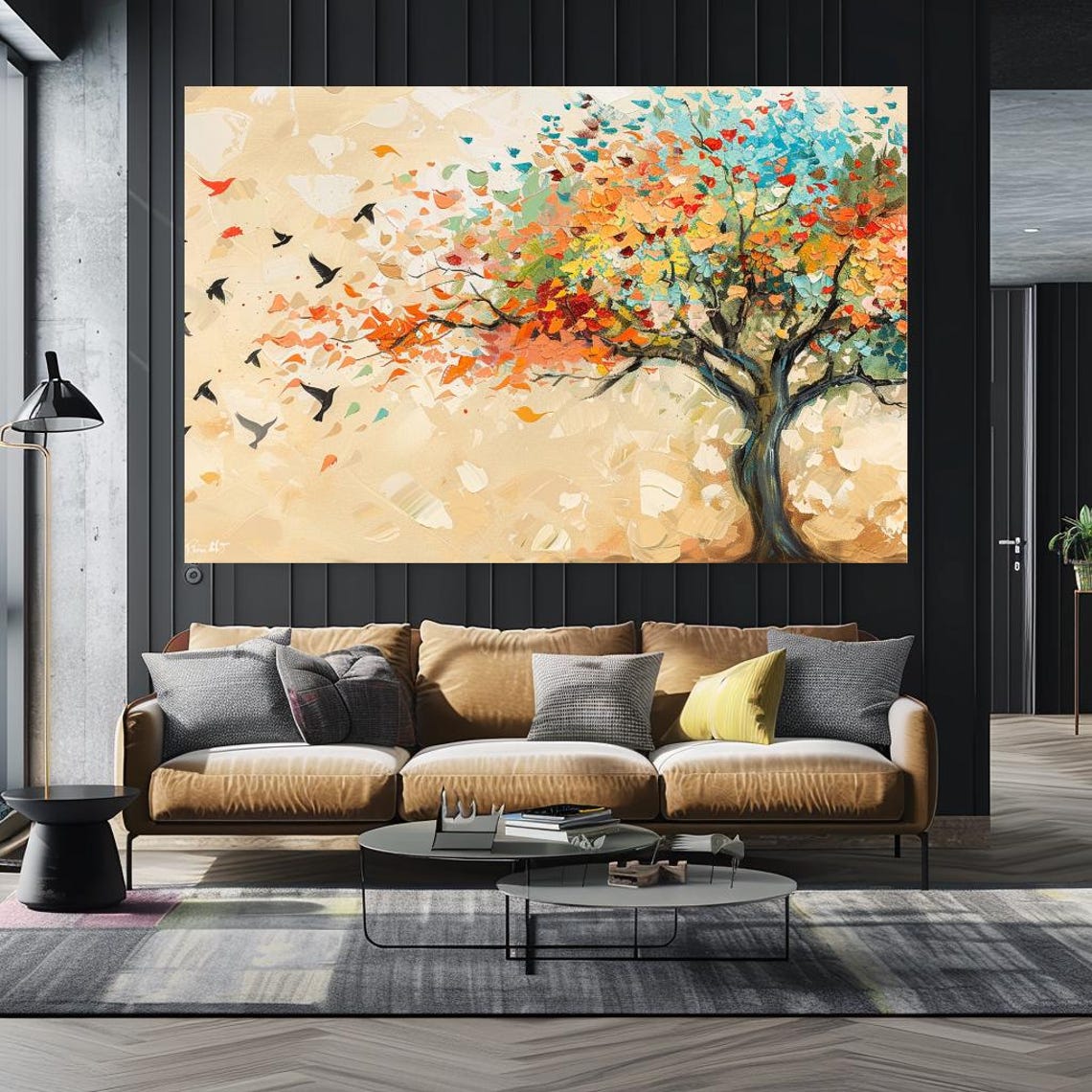 Colorful Autumn Tree Falling Leaves Birds Flying Nature Art Poster - Image 4