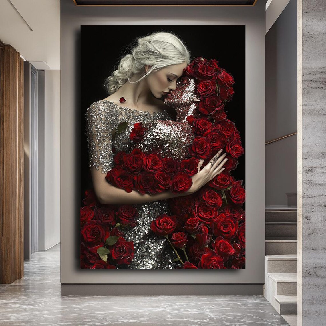 Elegant Woman Embracing Red Roses Silver Sequin Gown Love Poster - Image 2