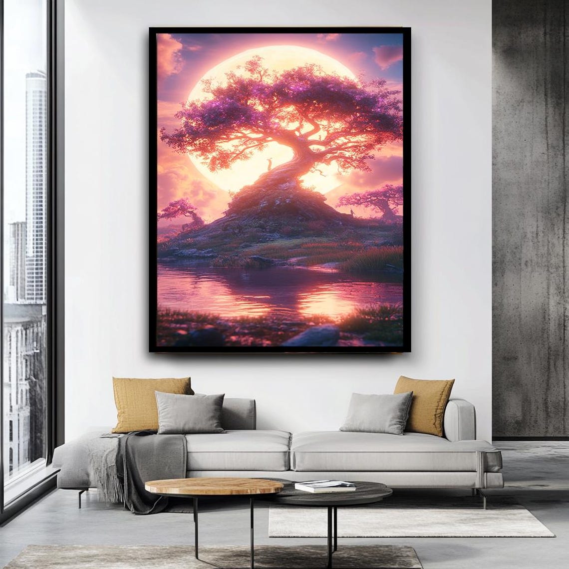 Fantasy Pink Tree Giant Moon Reflection Magical Night Wall Art - Image 4