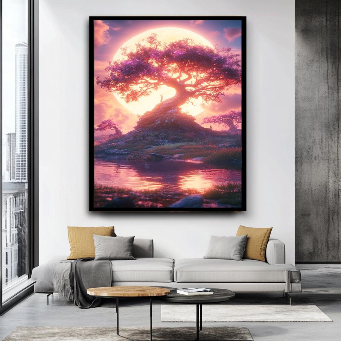Sunset Tree With Reflection Art Fantasy Nature Landscape Wall Decor Magical Pink And Orange Sky Dreamy Scenic Print - Image 4