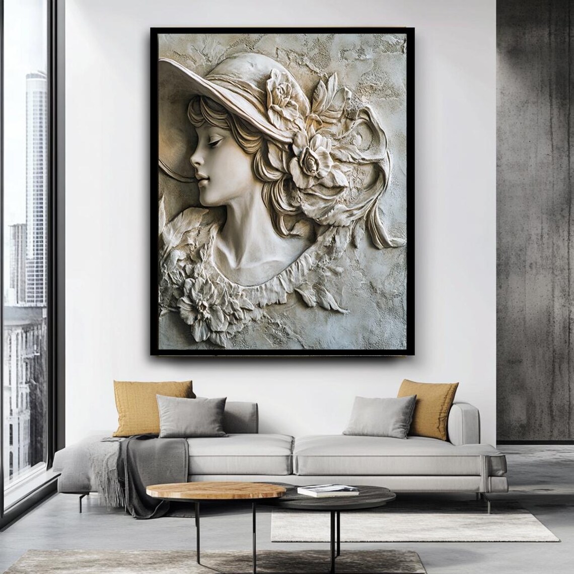 Elegant Woman Floral Hat 3D Stone Relief Cream Vintage Wall Art - Image 4