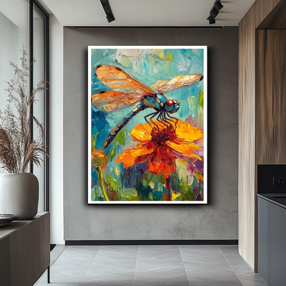 Vibrant Dragonfly On Orange Flower Impasto Botanical Nature Art Poster - Image 2