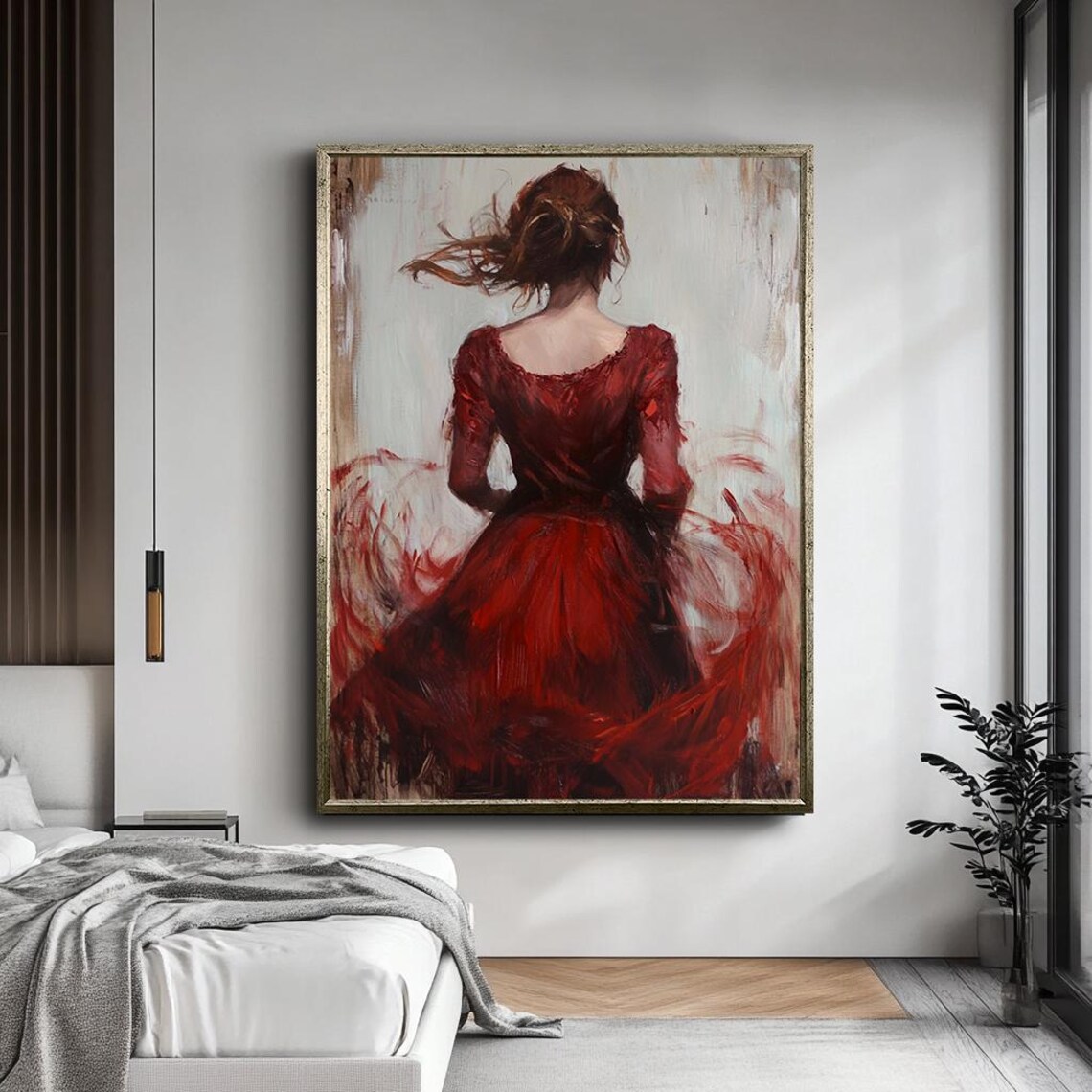 Woman In Flowing Red Dress Back View Emotional Painterly Art Poster - Image 5