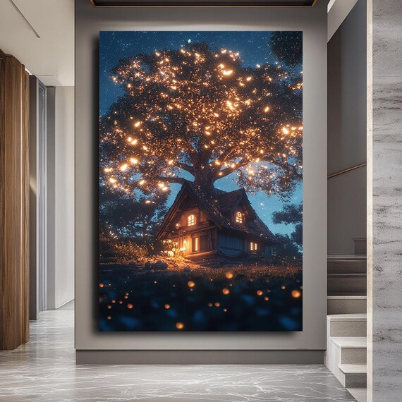 Magical Tree House Art Cozy Cottage Under Starry Sky Glowing Fairy Lights Wall Decor Dreamy Forest Home Art Print
