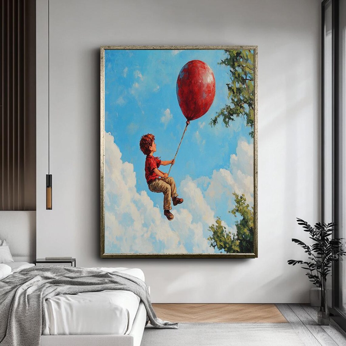 Boy With Giant Red Balloon Floating Clouds Dreamy Kids Wall Art - Image 3