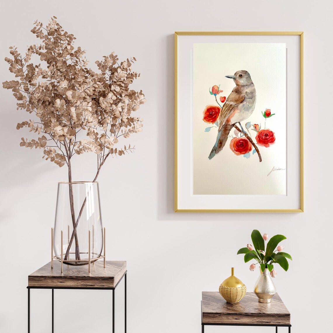 Songbird Perched Among Red Roses Watercolor Bird and Flower Poster - Image 3
