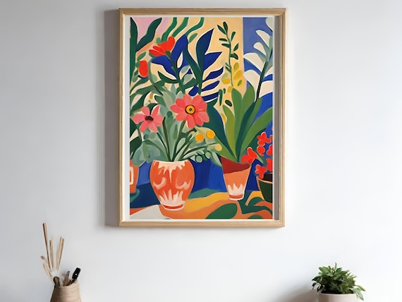 Vibrant Orange Pink Flower Vases Matisse Inspired Floral Poster