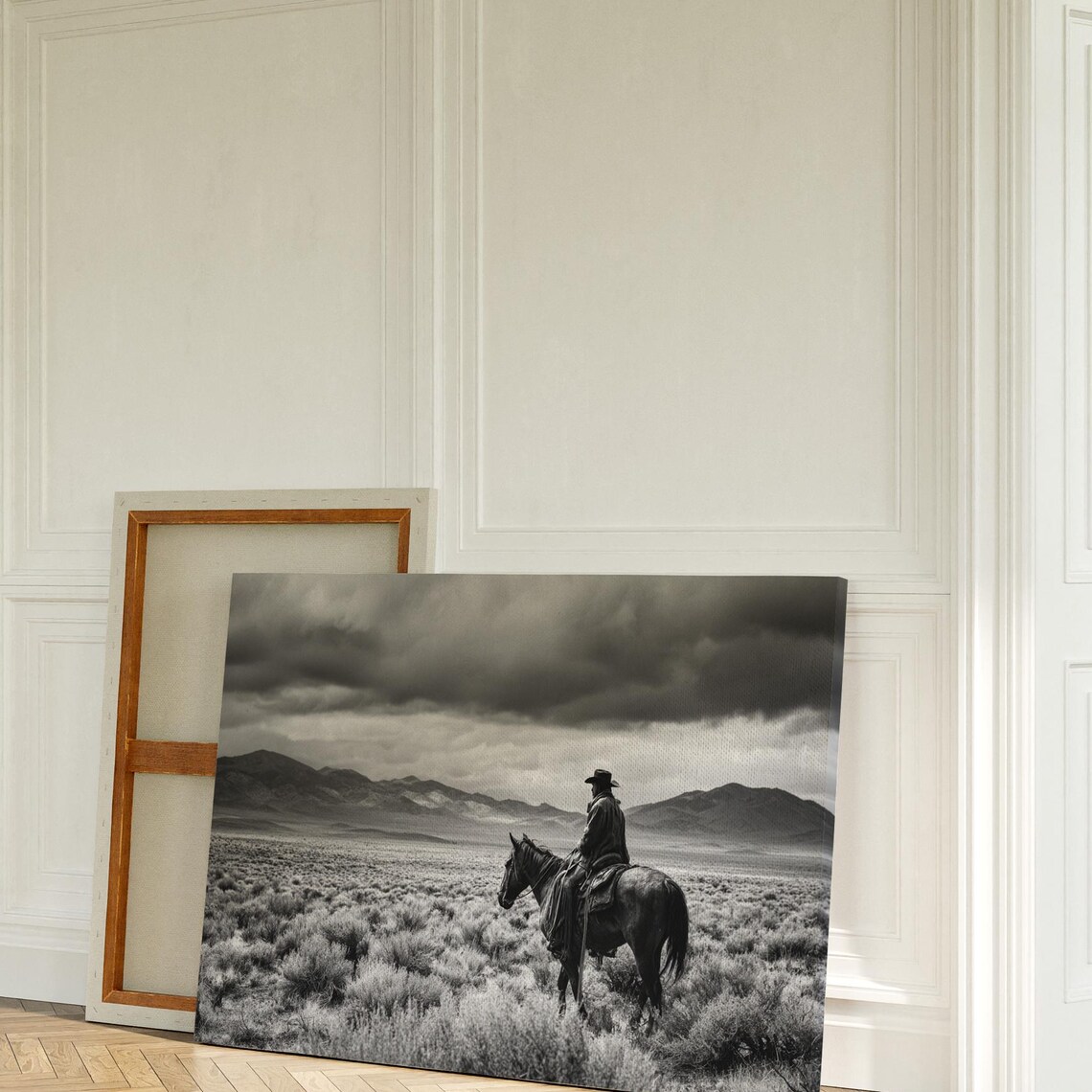 Cowboy on Horseback Under Stormy Sky Open Range Western Poster