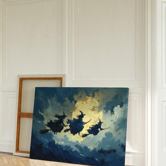Three Witches Flying Across Full Moon Night Clouds Halloween Poster