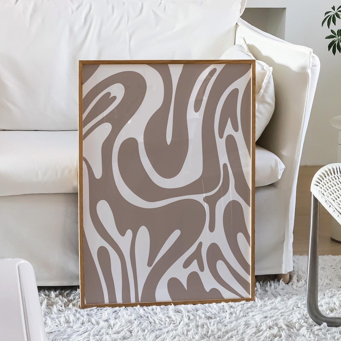 Brown Wavy Groovy Abstract Swirl Neutral Minimalist Art Poster