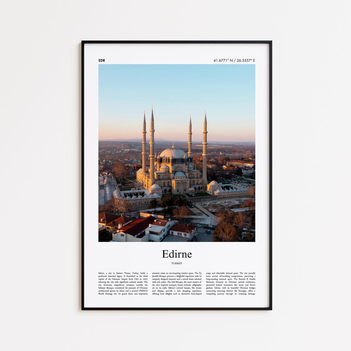 Edirne Turkey Selimiye Mosque Color Photo Travel Poster Coordinates