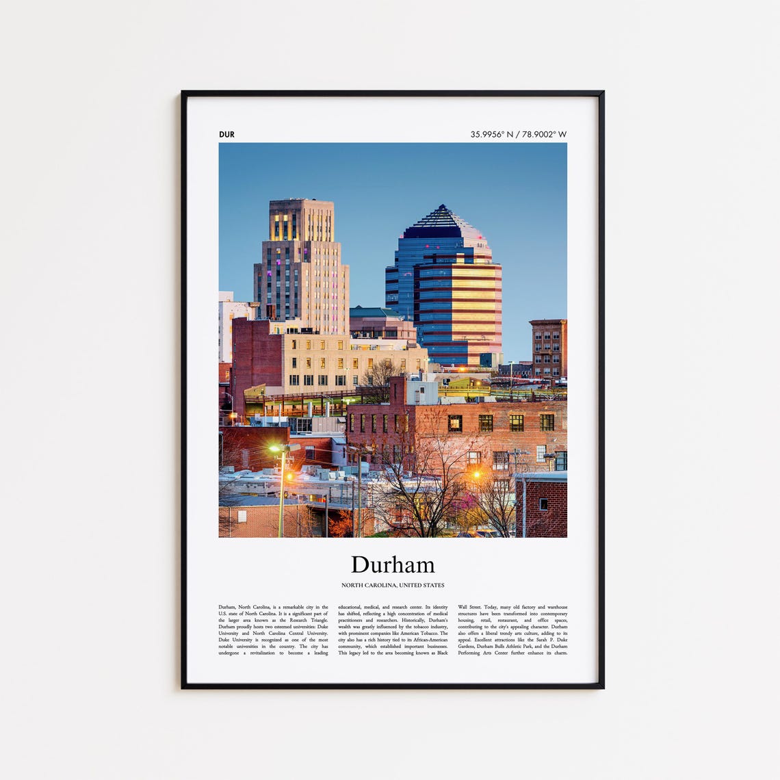 Durham North Carolina Historic Downtown Skyline Photo Travel Poster