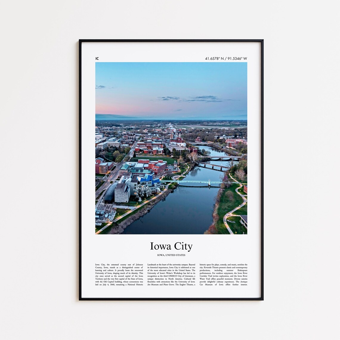 Iowa City Iowa River Dusk Cityscape University Town Photo Poster