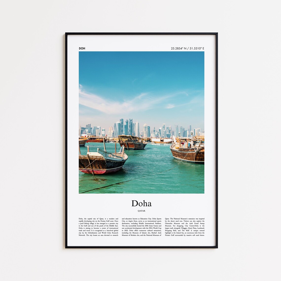 Doha Qatar Dhow Boats Harbor Modern Skyline Travel Photo Poster