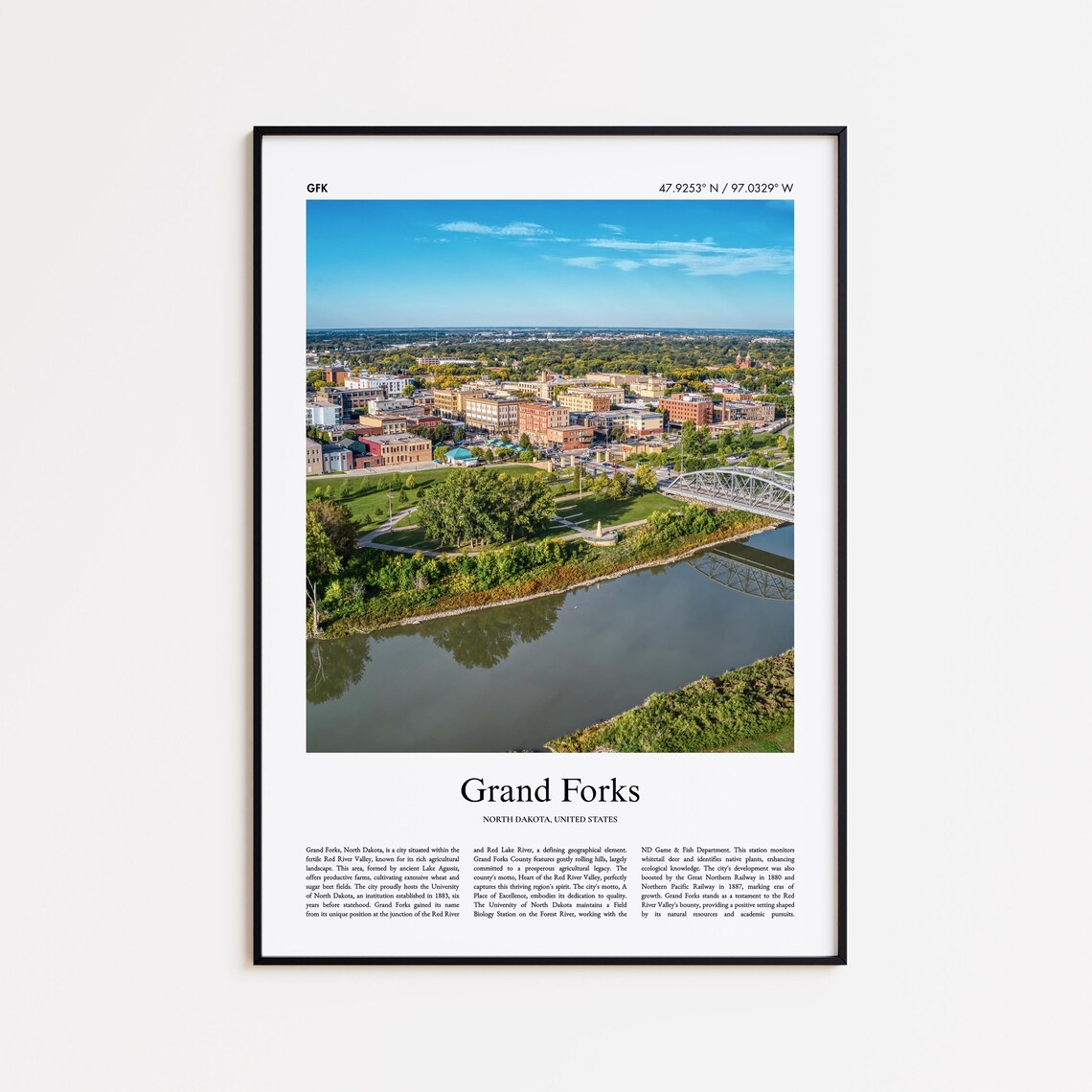 Grand Forks North Dakota River Bridges Aerial Minimalist Travel Poster