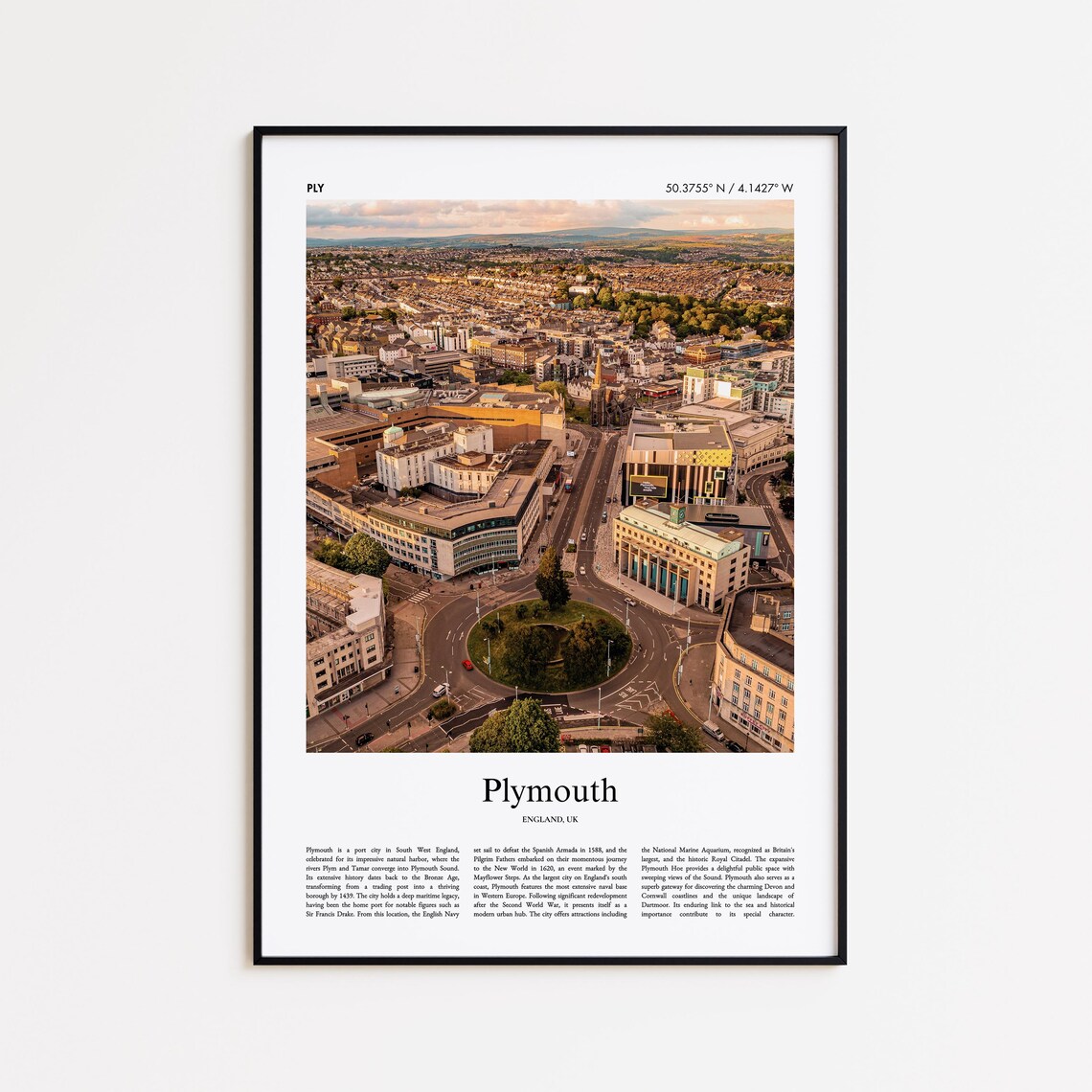 Plymouth England UK Aerial City Roundabout Sunset Color Photo Poster