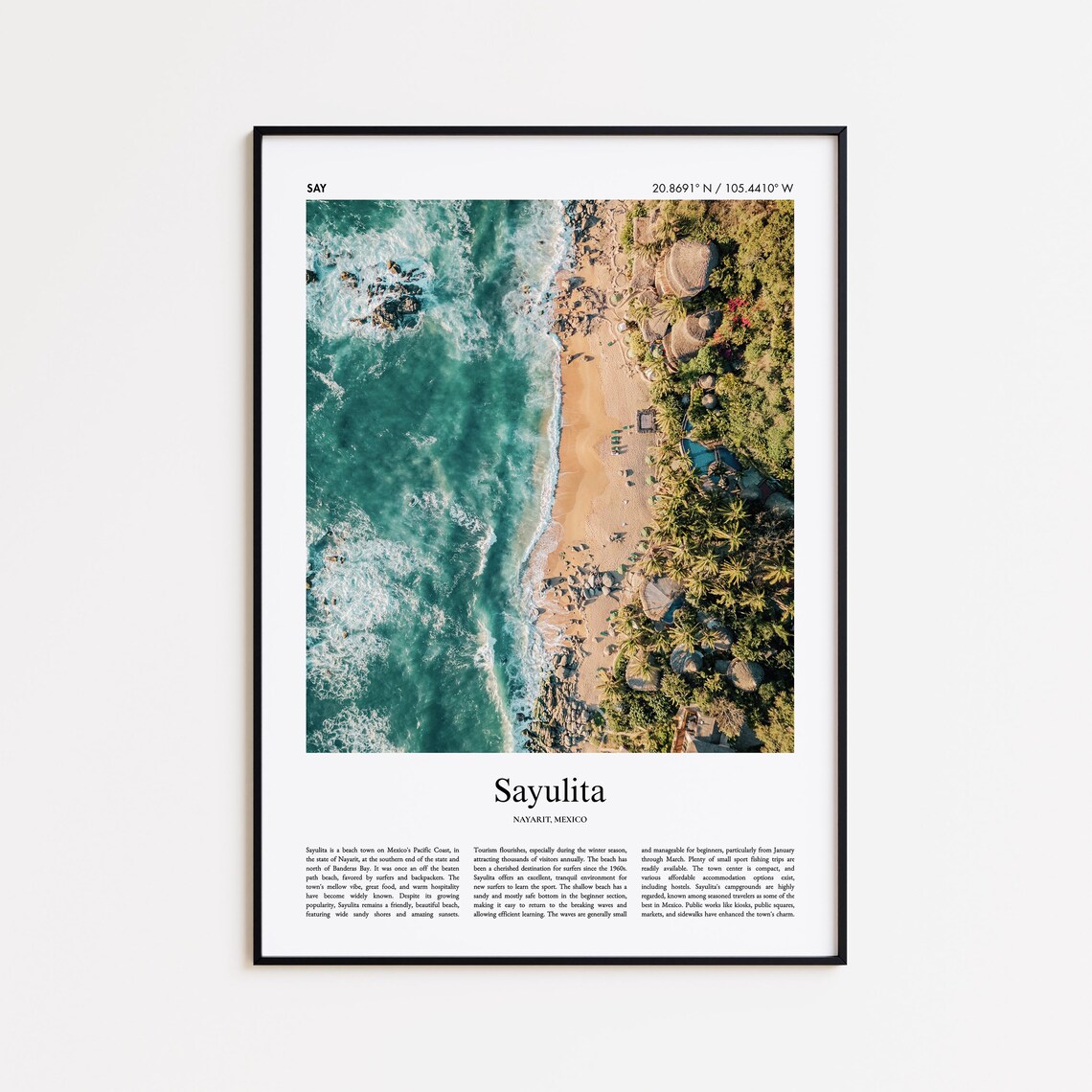 Sayulita Mexico Aerial Beach Palm Coast Nayarit Minimal Travel Poster