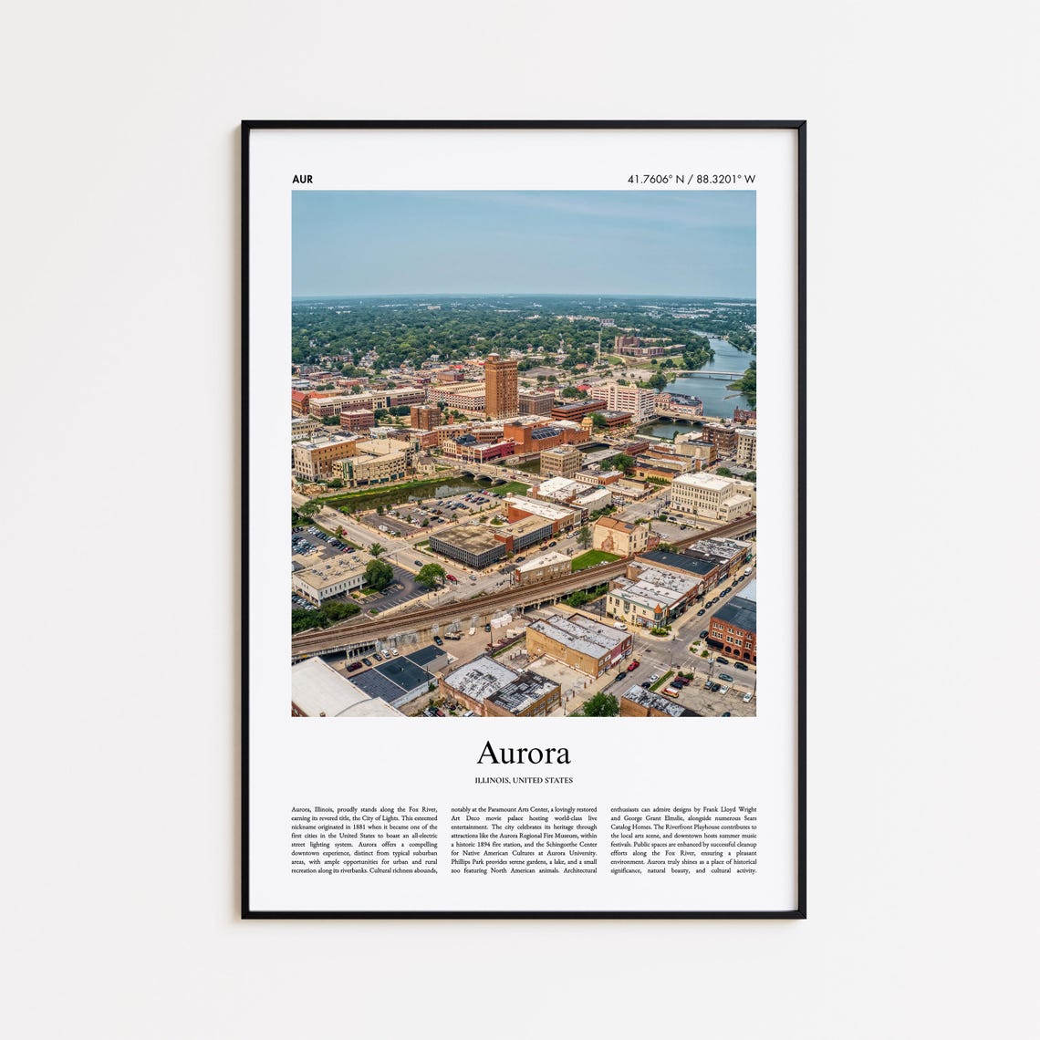 Aurora Illinois Fox River Downtown Aerial City View Travel Poster