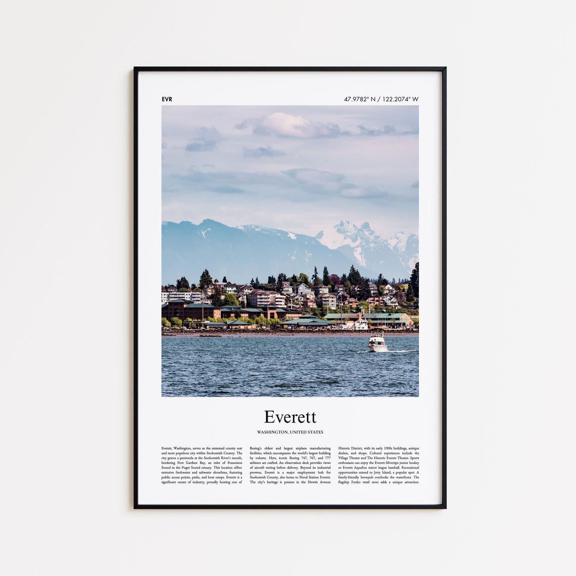 Everett Washington Waterfront Town with Mountain Backdrop View Poster
