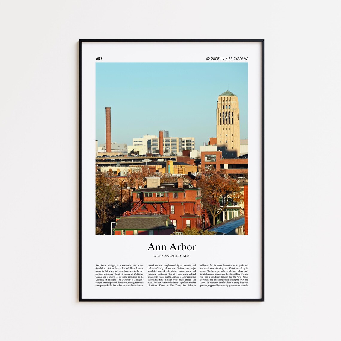 Ann Arbor Michigan Downtown Skyline University Town Travel Poster