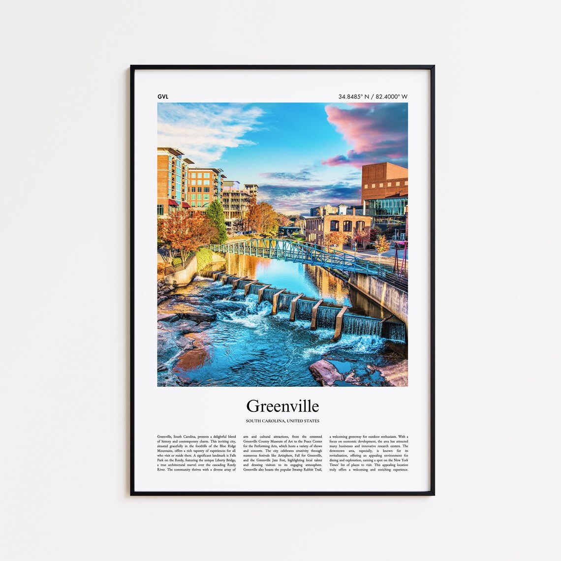 Greenville South Carolina Waterfall and Bridge at Sunset Travel Poster