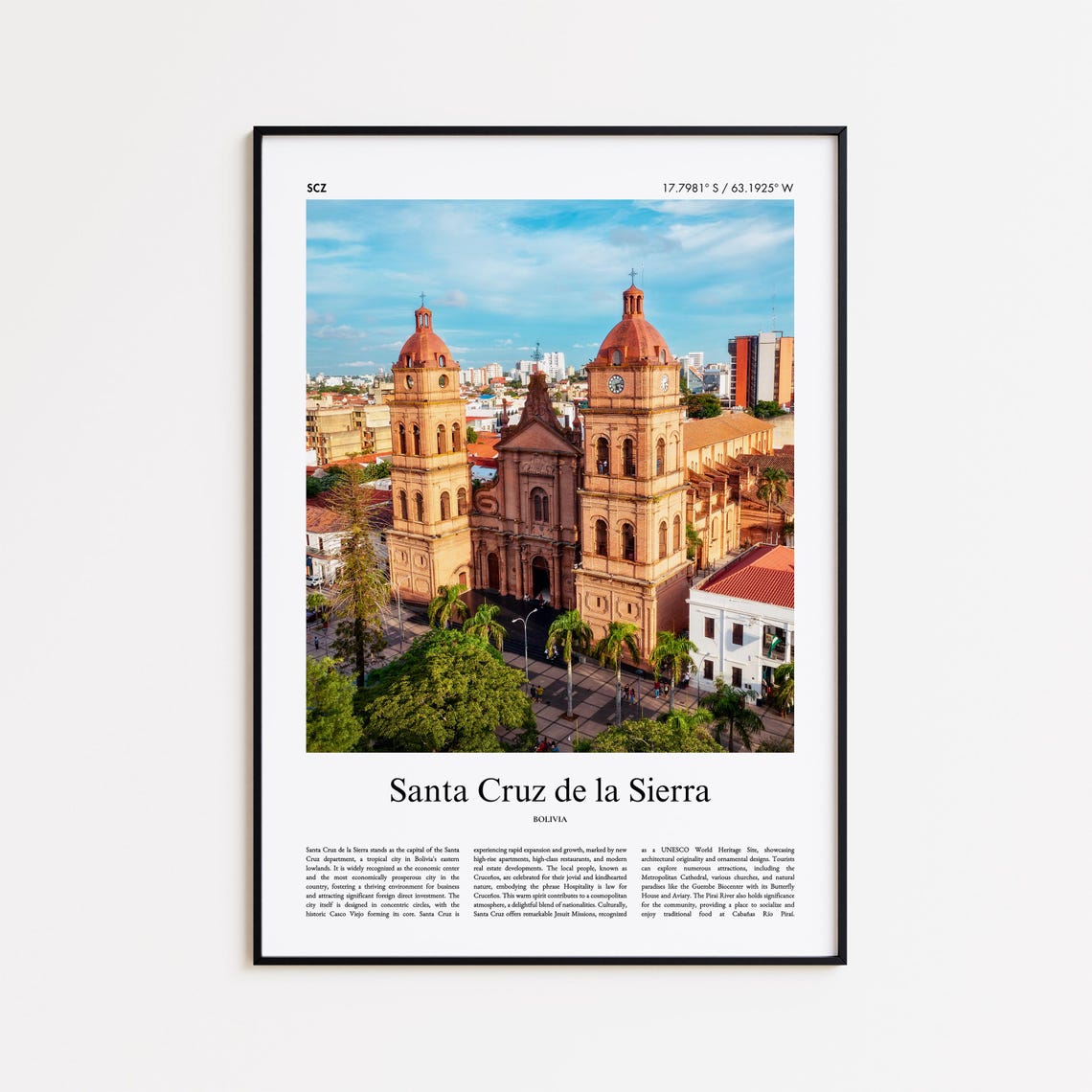 Santa Cruz de la Sierra Bolivia Cathedral City Travel Photo Poster