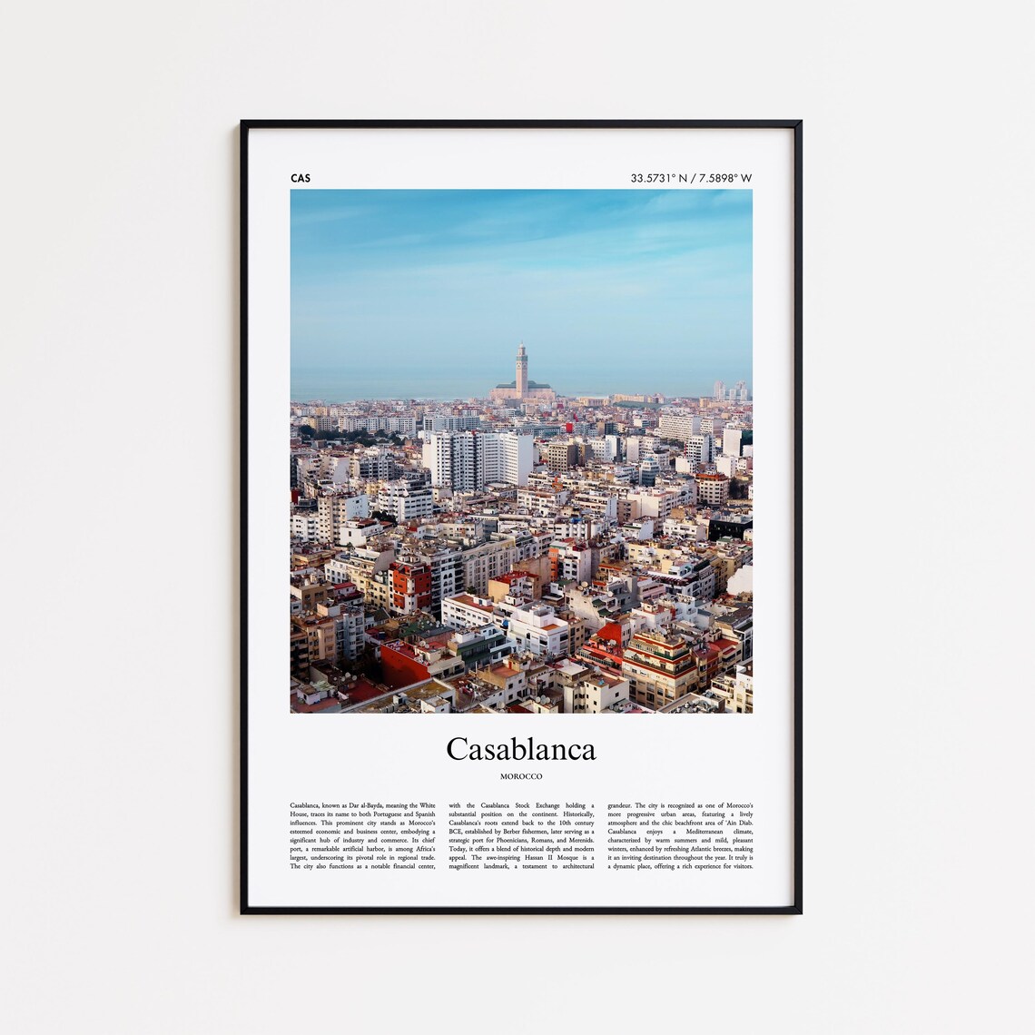 Casablanca Morocco Atlantic Coast City Skyline Photo Travel Poster
