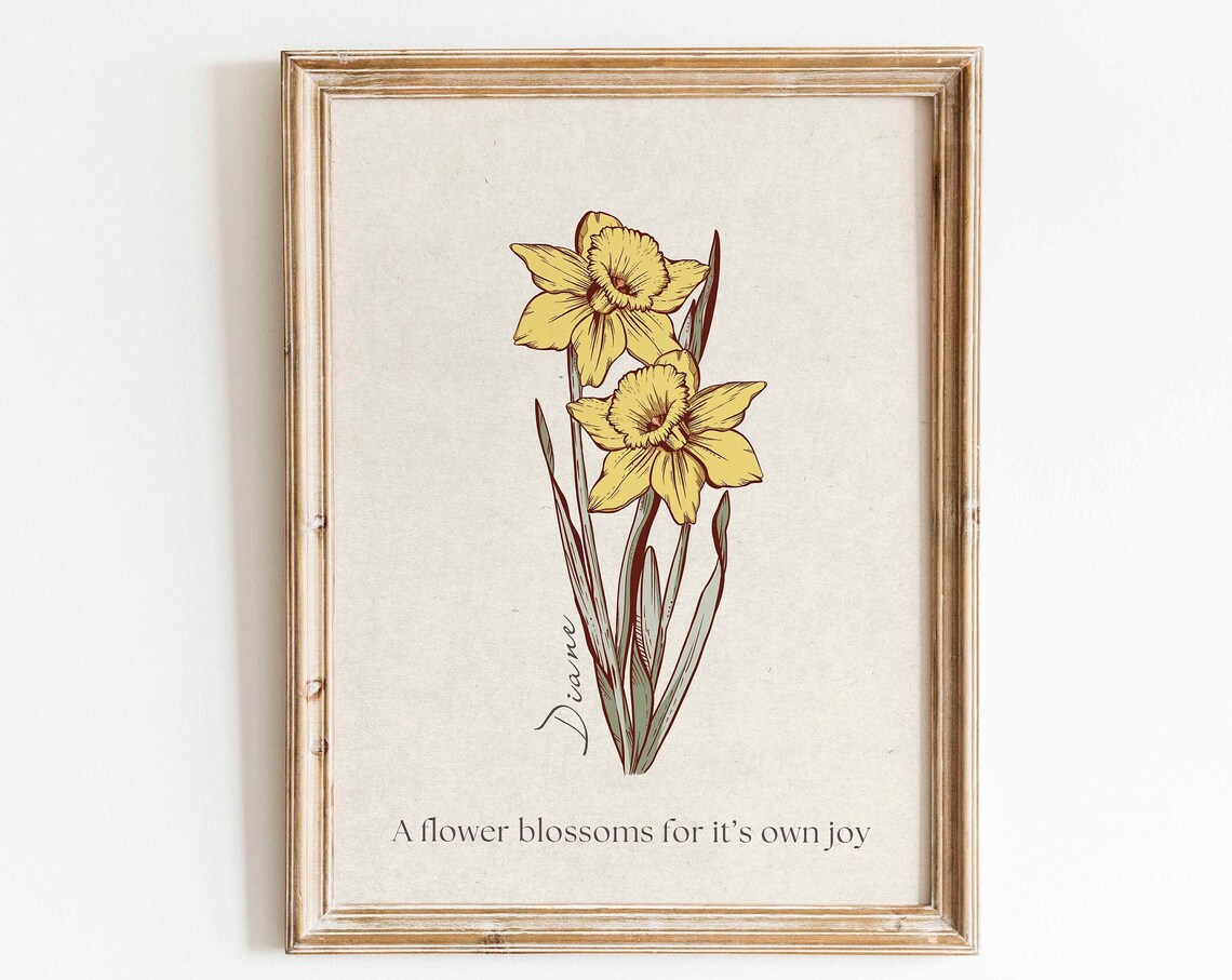 Custom Birth Flower Name Antique Watercolor Flower Art Print