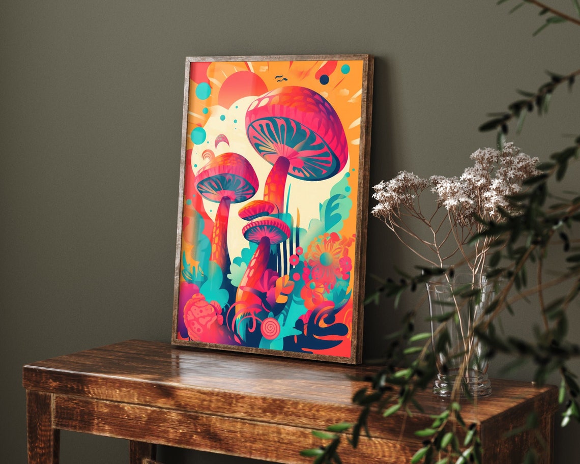 Trippy Neon Mushroom Art Psychedelic Fungi Dreamy Forest Poster