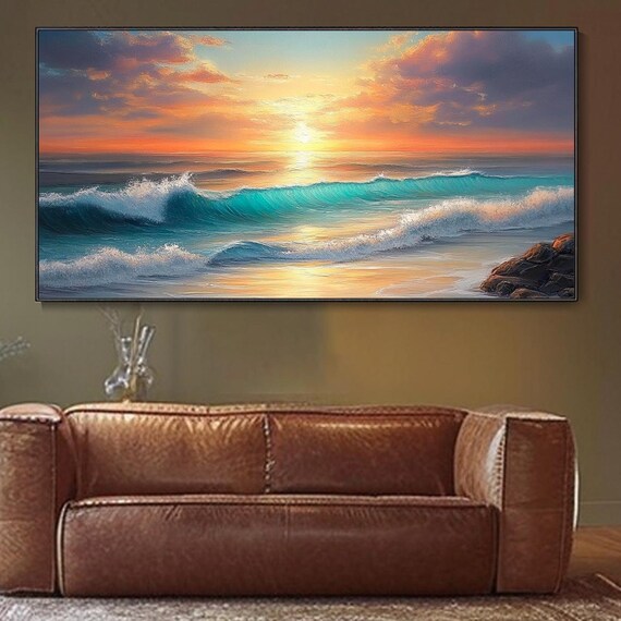 Turquoise Ocean Wave Sunset Golden Sky Rocky Shore Surf Travel Poster