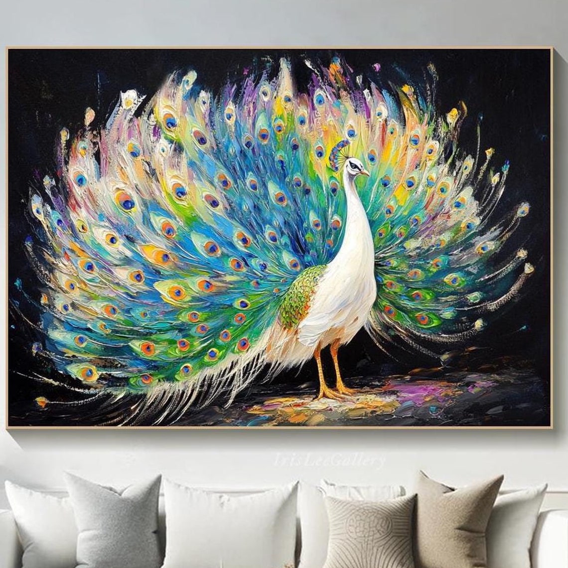 White Peacock Colorful Tail Black Background Vibrant Animal Art Poster