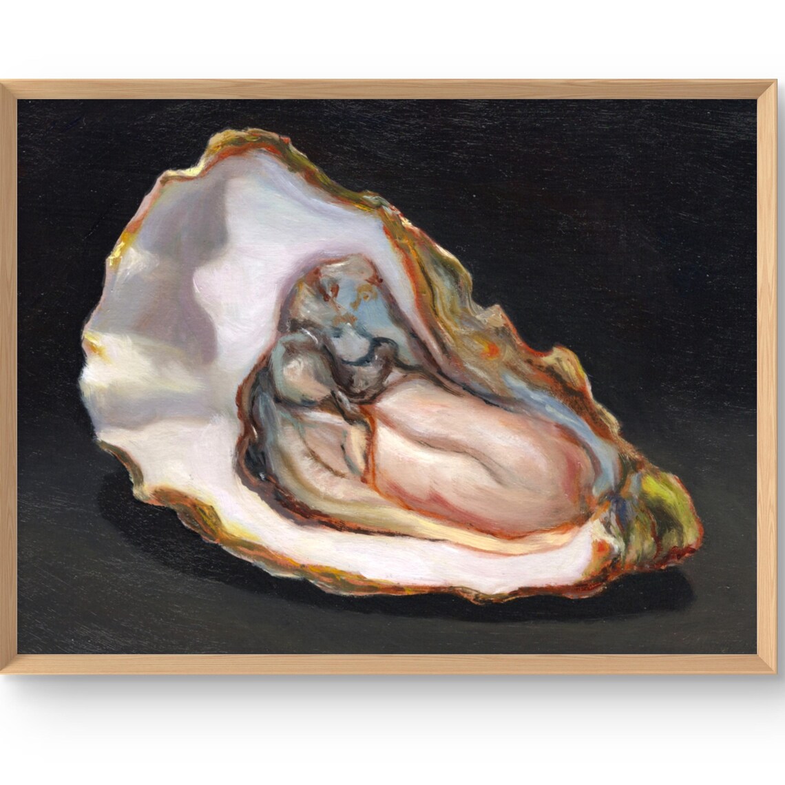 Oyster Half Shell Oil Painting Poster Realistic Seafood Still Life on Black