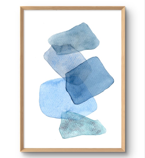 Blue Watercolor Print Minimalist Wall Art Indigo Abstraction Painting Spots Boho Decor Large Navy Poster Zen