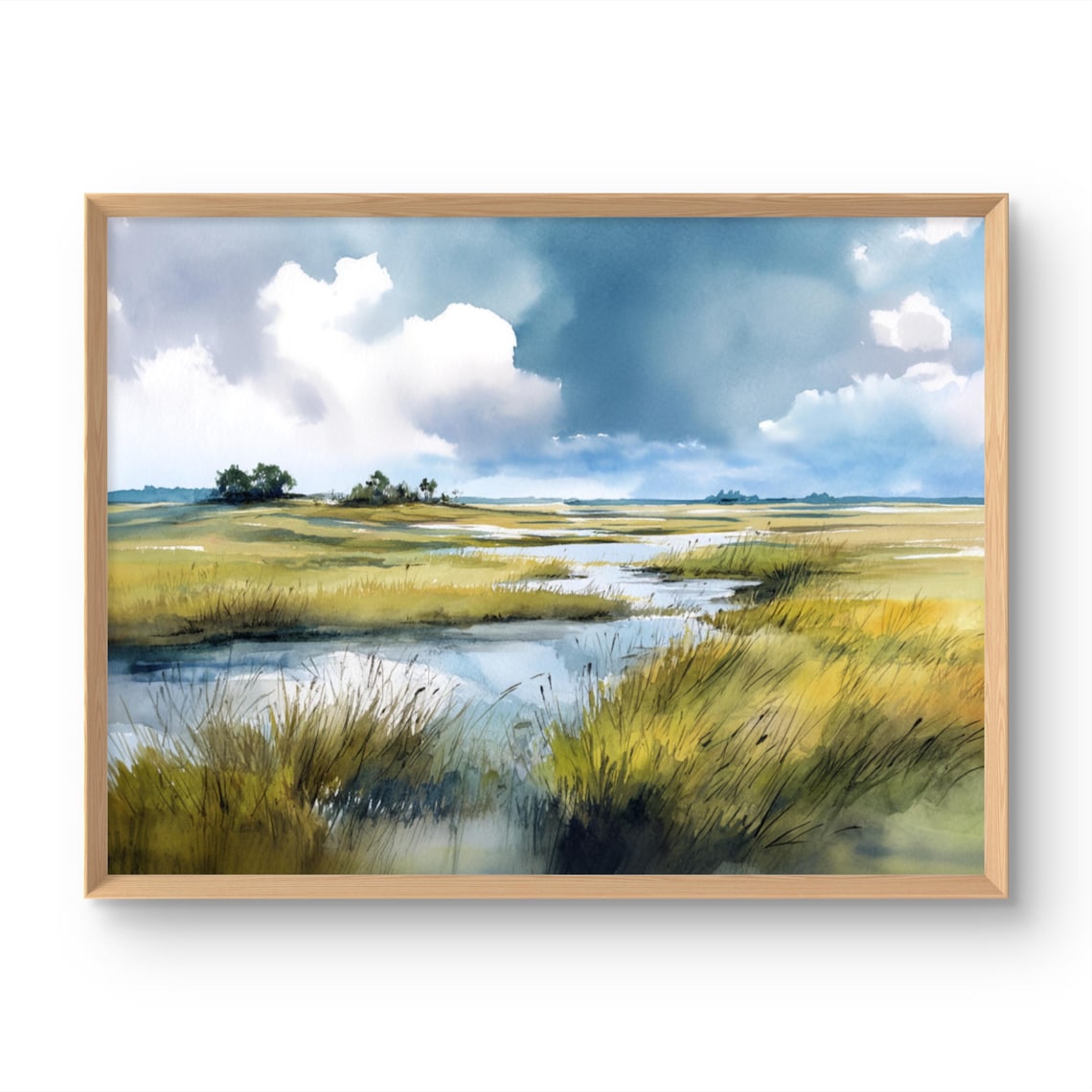 Coastal Marshland Watercolor Poster Serene Wetland Grasses under Cloudy Sky
