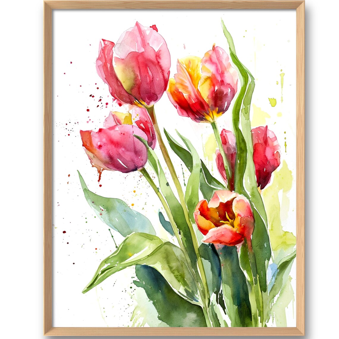 Red Tulips Watercolor Style Art Print, Botanical