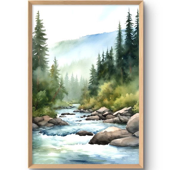 Rocky Mountain River Rapids Evergreen Forest Watercolor Poster