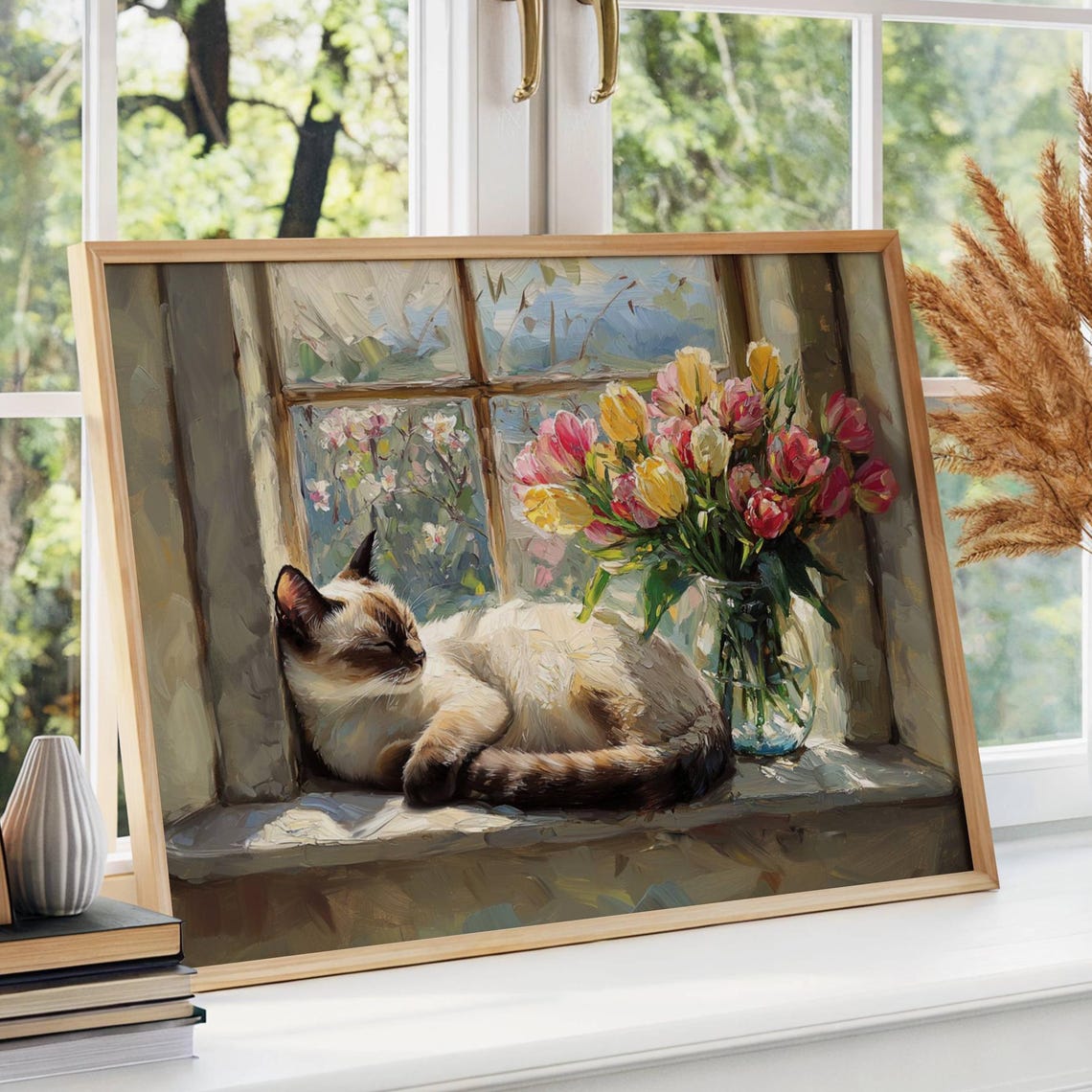 Sleeping Siamese Cat on a Windowsill Beside Tulips Spring Poster