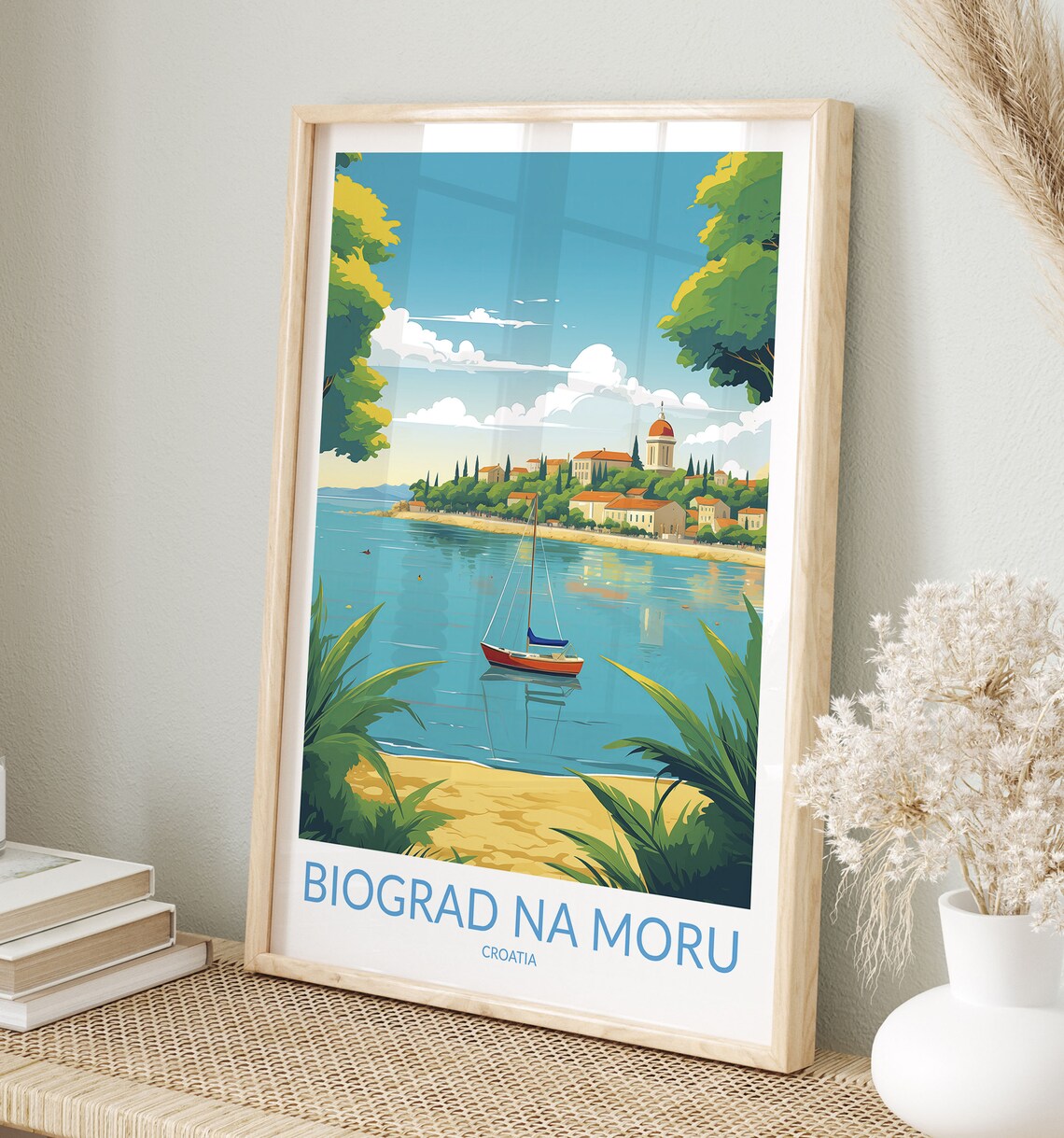 Biograd Na Moru Croatia Red Sailboat Domed Church Bay Travel Poster