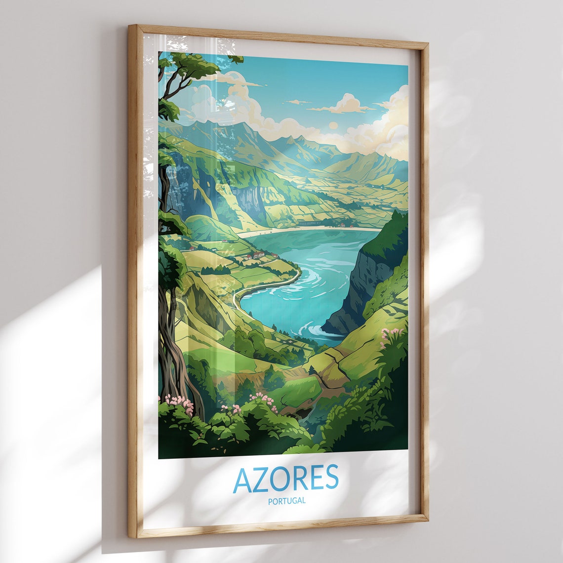 Azores Portugal Lush Green Crater Valley Lake Hillside Poster