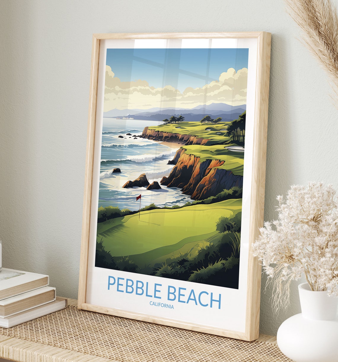 Pebble Beach California Cliffside Golf Flag Ocean View Travel Poster
